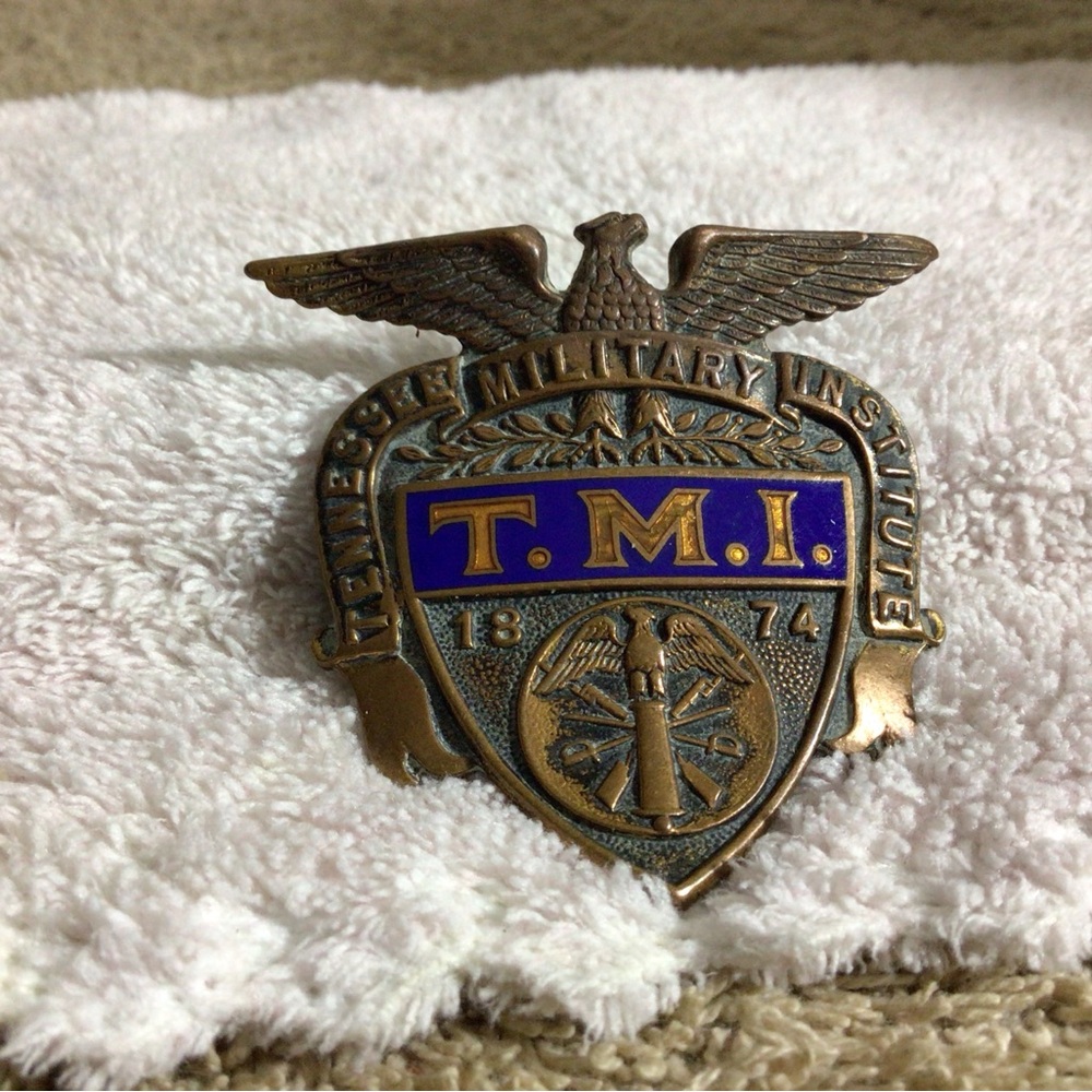 T.M.I. Military Institute Brass Eagle Shield Pin - Blue & Brass - Picture 2 of 15